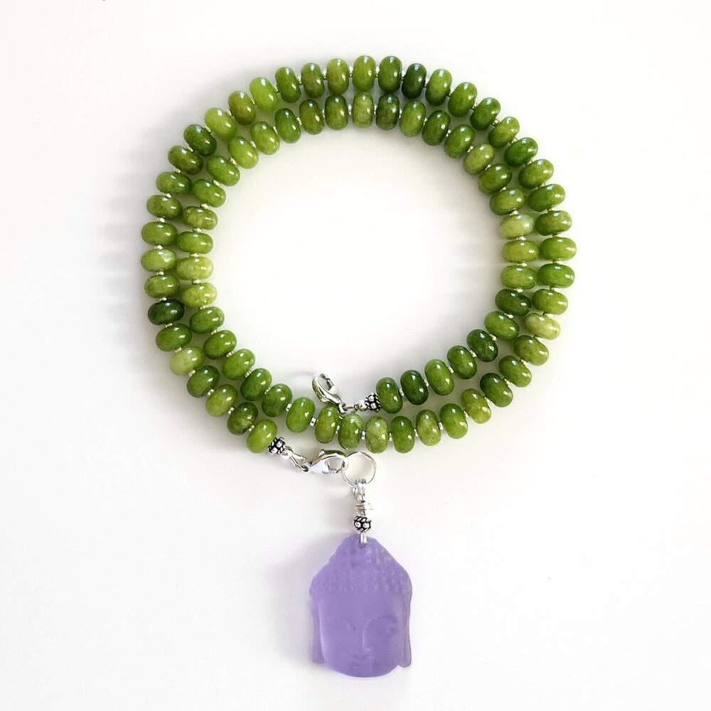 GREEN COLOR JADE NECKLACE W/ PURPLE BUDDHA--20"